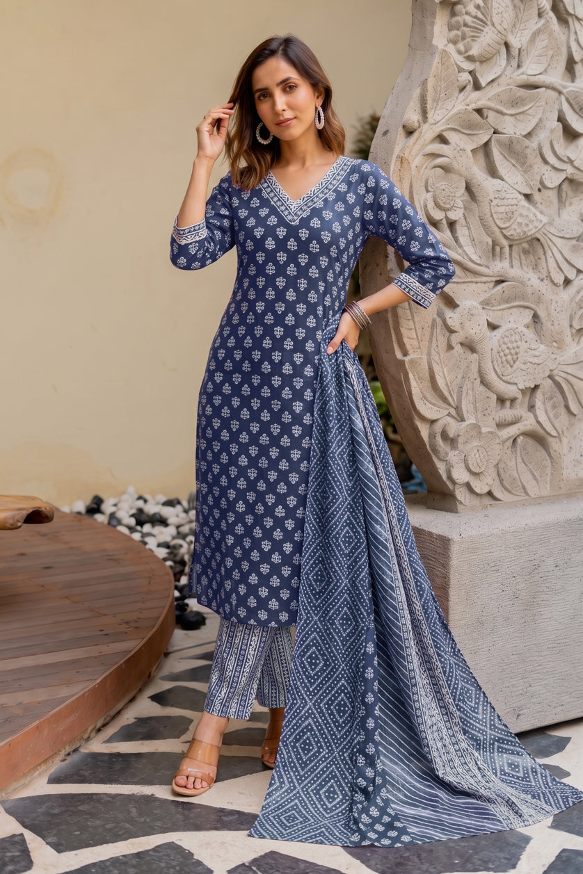 Women Magenta Batik Block Print Pure Cotton Top with Bottom & Dupatta Set