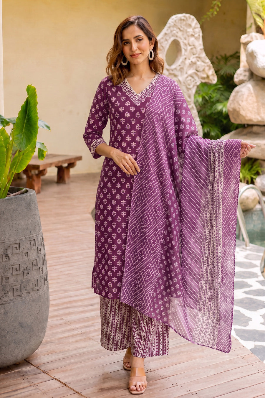 Women Magenta Batik Block Print Pure Cotton Top with Bottom & Dupatta Set