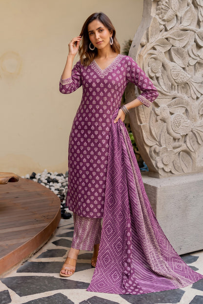 Women Magenta Batik Block Print Pure Cotton Top with Bottom & Dupatta Set