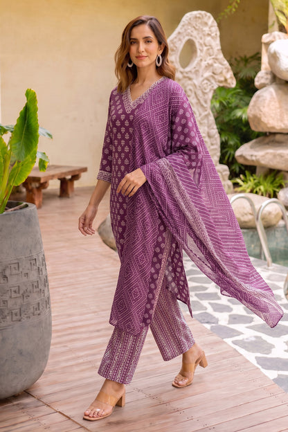 Women Magenta Batik Block Print Pure Cotton Top with Bottom & Dupatta Set