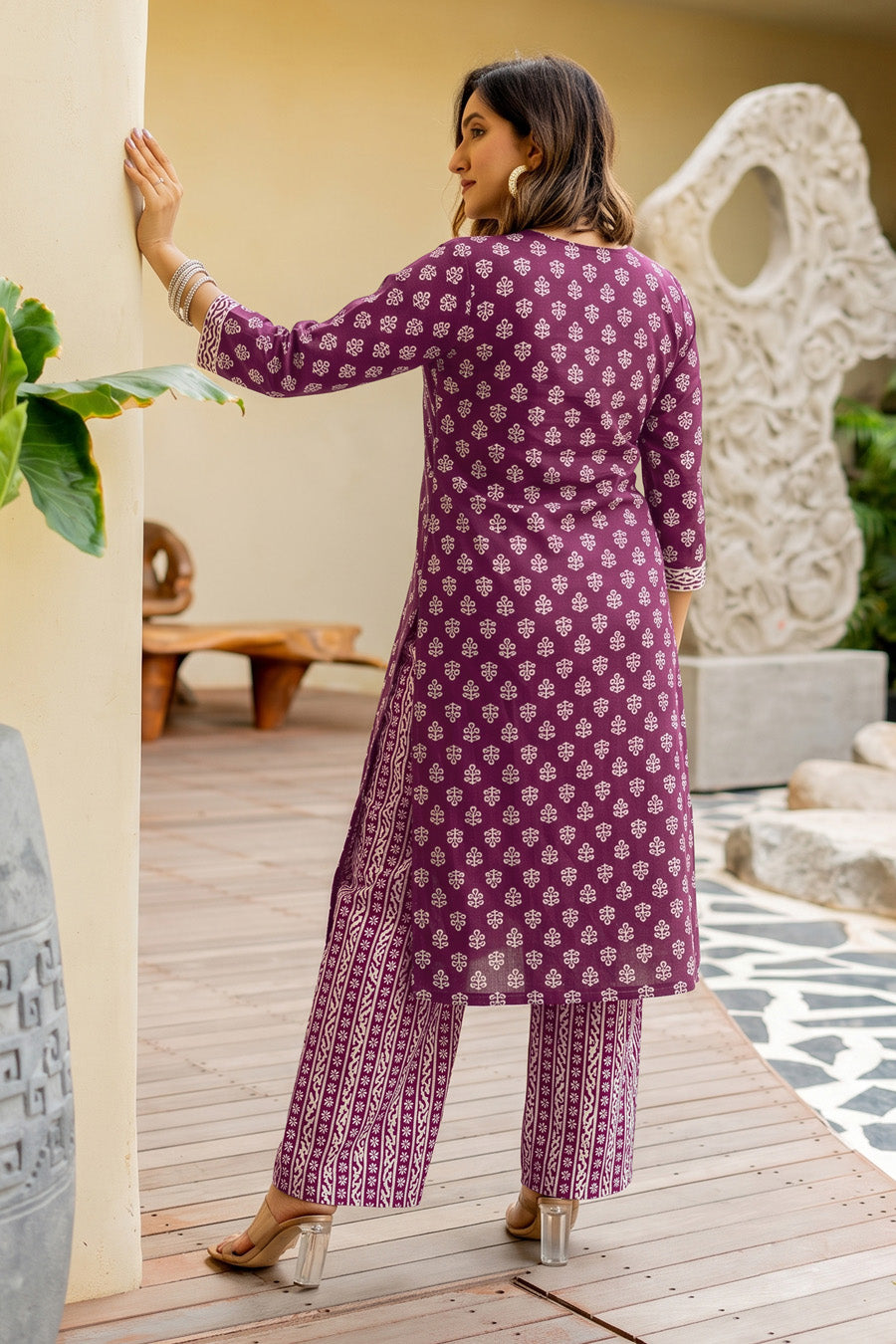 Women Magenta Batik Block Print Pure Cotton Top with Bottom & Dupatta Set