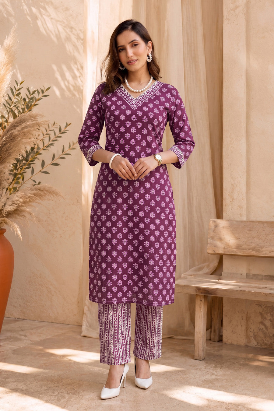 Women Magenta Batik Block Print Pure Cotton Top with Bottom & Dupatta Set