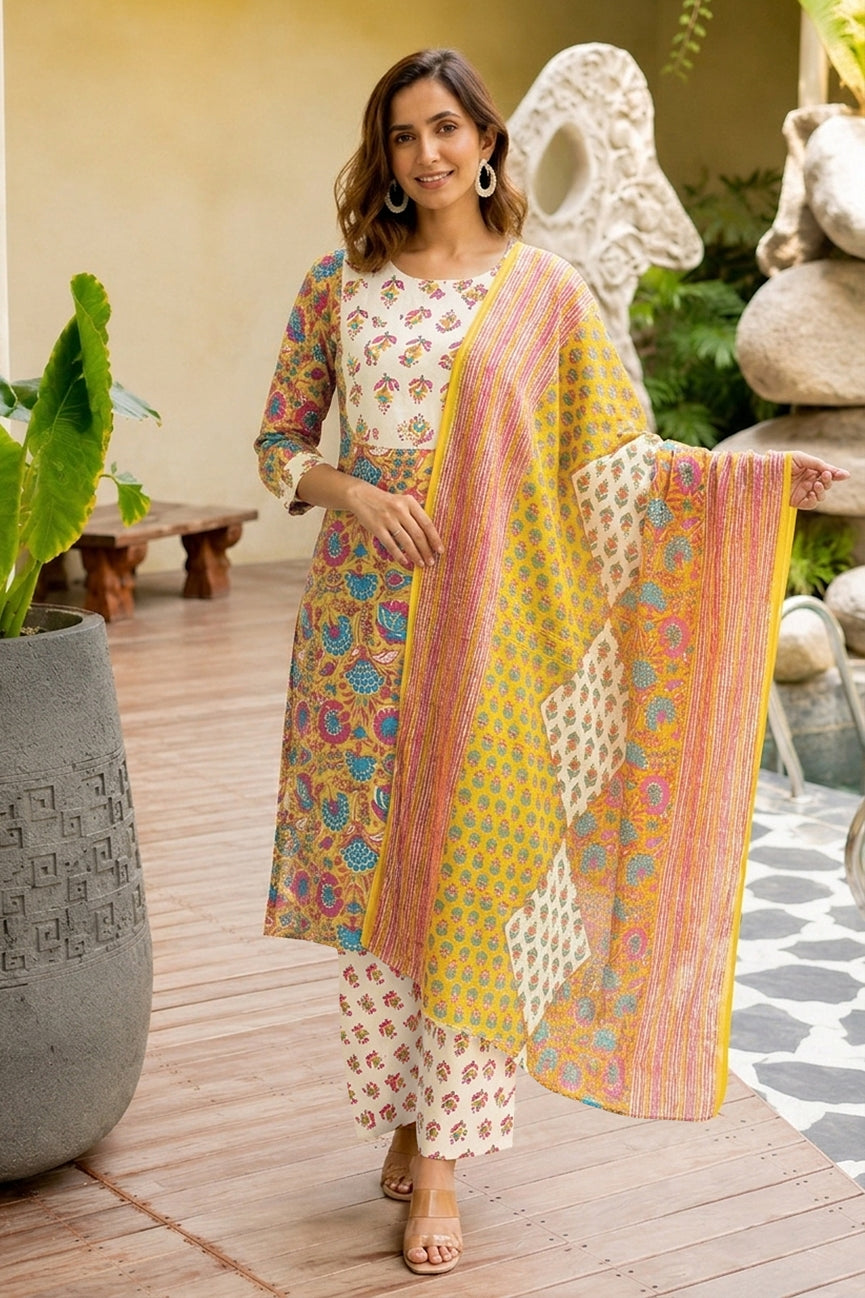 Women Mustard & Yellow Floral Print Pure Cotton Top with Bottom & Dupatta Set