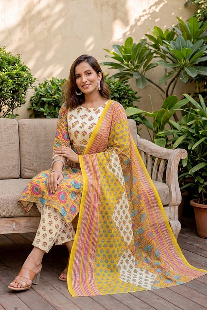 Women Mustard & Yellow Floral Print Pure Cotton Top with Bottom & Dupatta Set