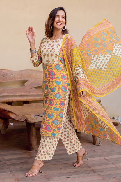 Women Mustard & Yellow Floral Print Pure Cotton Top with Bottom & Dupatta Set