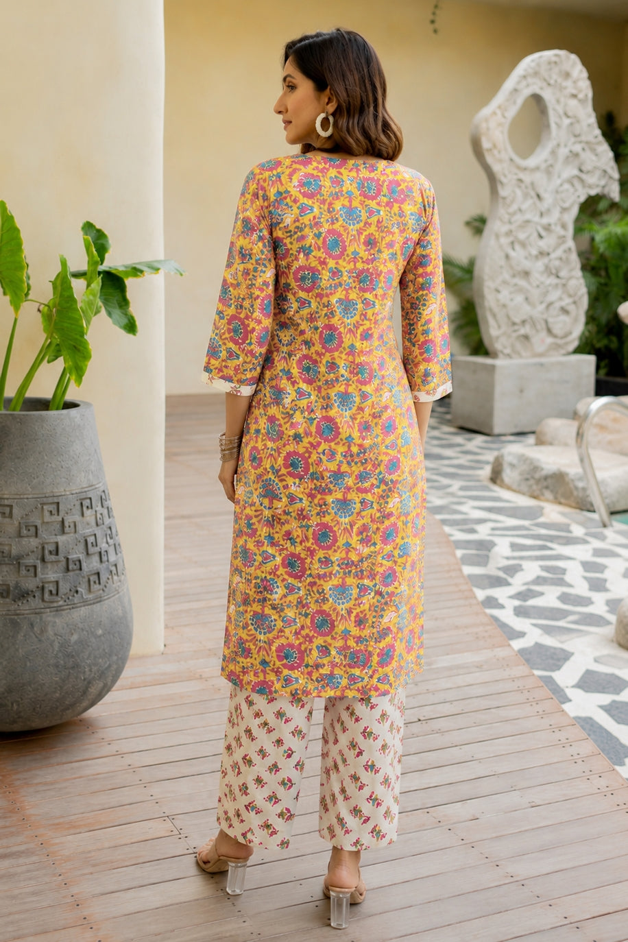 Women Mustard & Yellow Floral Print Pure Cotton Top with Bottom & Dupatta Set