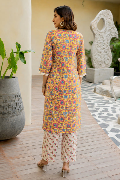 Women Mustard & Yellow Floral Print Pure Cotton Top with Bottom & Dupatta Set