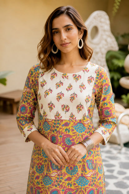 Women Mustard & Yellow Floral Print Pure Cotton Top with Bottom & Dupatta Set