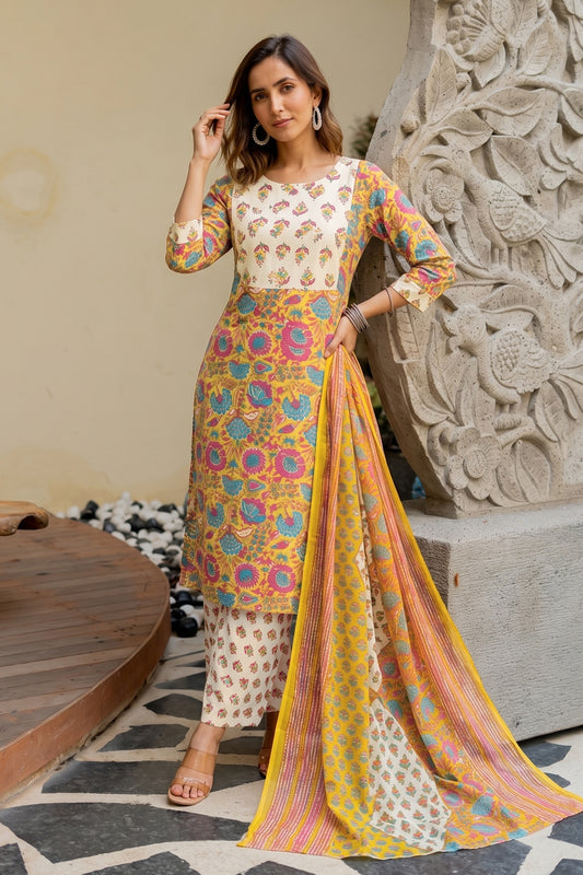 Women Mustard & Yellow Floral Print Pure Cotton Top with Bottom & Dupatta Set