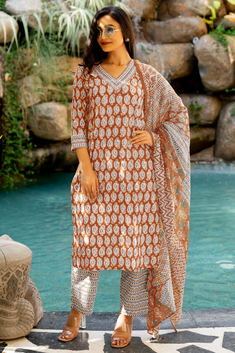 Trendy Cotton Floral Print Kurta Set with dupatta