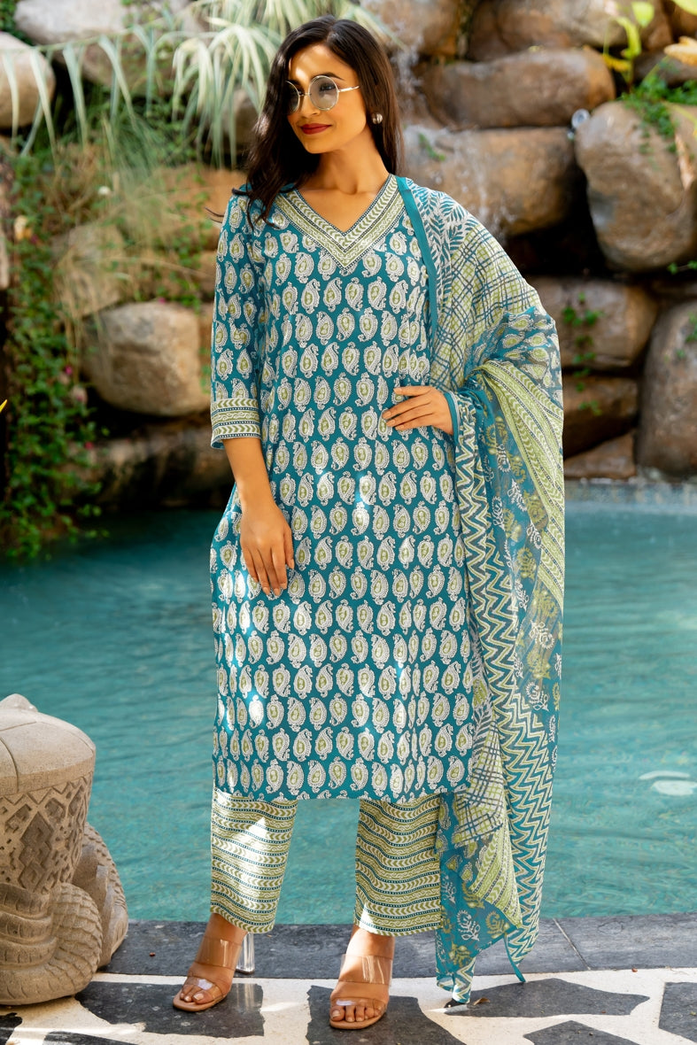 Trendy Cotton Floral Print Kurta Set with dupatta