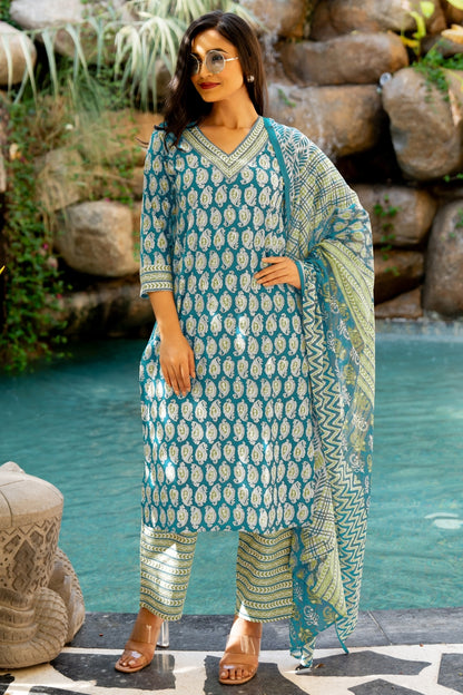 Trendy Cotton Floral Print Kurta Set with dupatta