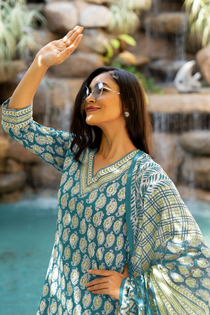 Trendy Cotton Floral Print Kurta Set with dupatta