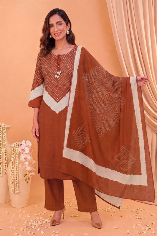 Traditional Bandhani Print Kurta Set with Embellished Neckline