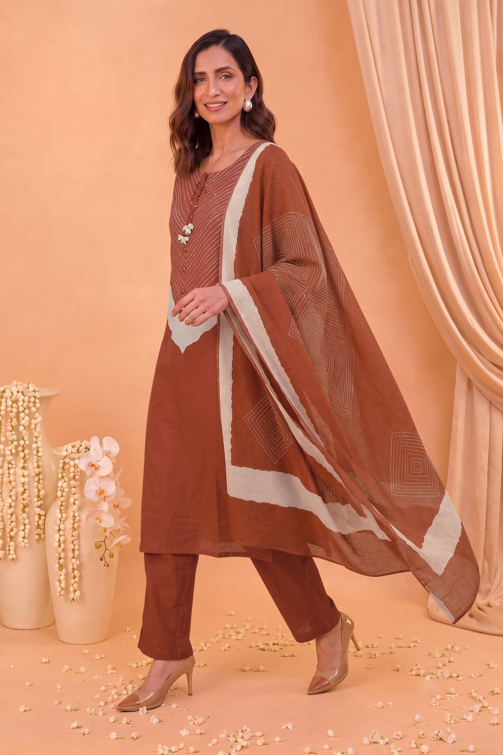 Traditional Bandhani Print Kurta Set with Embellished Neckline