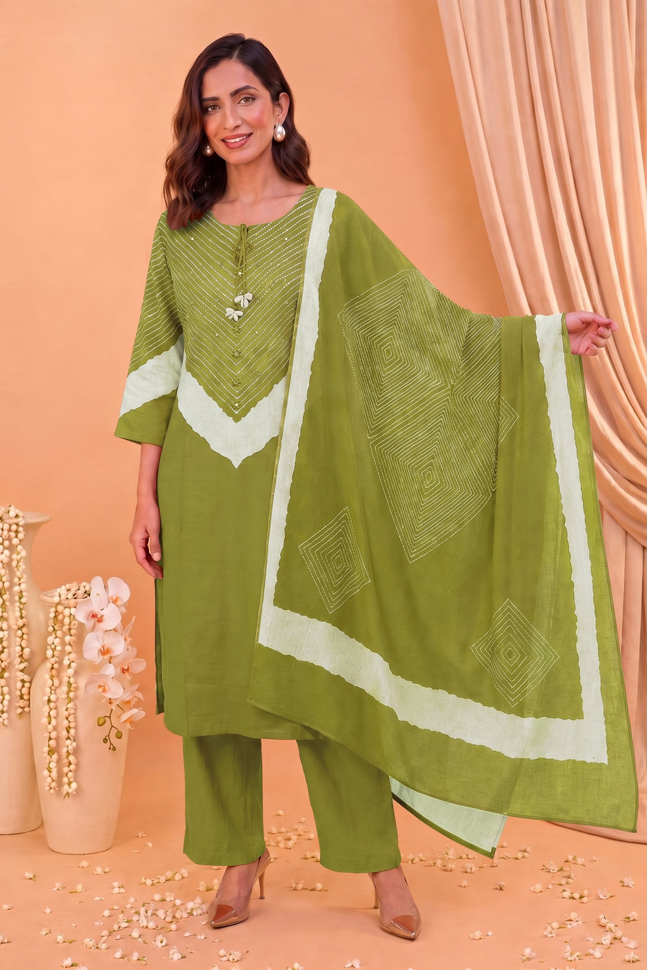 Traditional Bandhani Print Kurta Set with Embellished Neckline