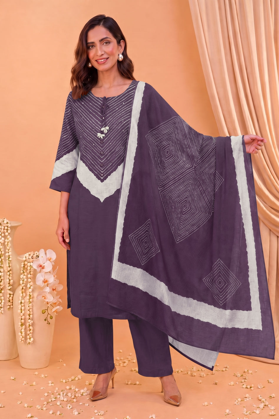Traditional Bandhani Print Kurta Set with Embellished Neckline