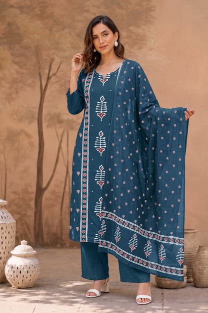 Elegant Ajrakh Block Print Kurta Set with Mirror & Thread Work