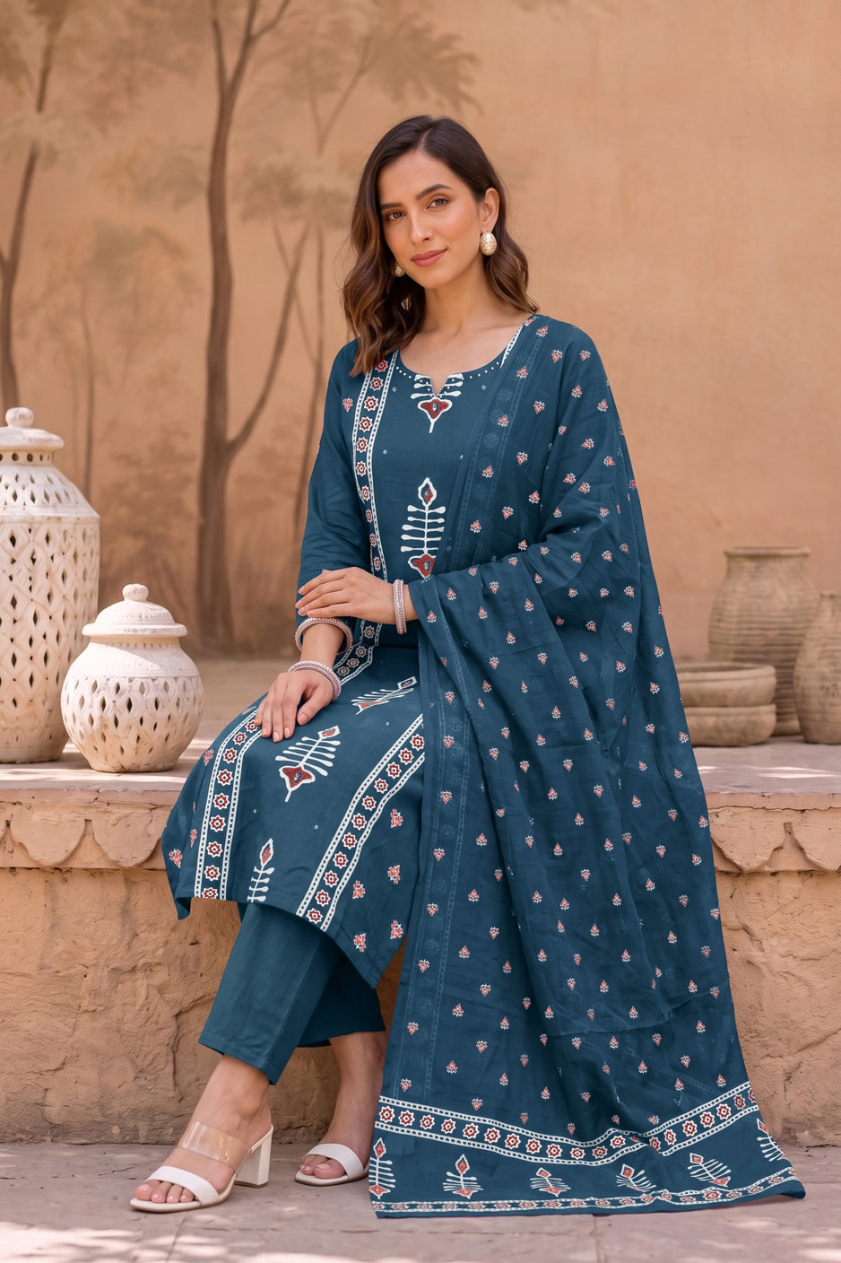 Elegant Ajrakh Block Print Kurta Set with Mirror & Thread Work