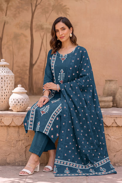 Elegant Ajrakh Block Print Kurta Set with Mirror & Thread Work