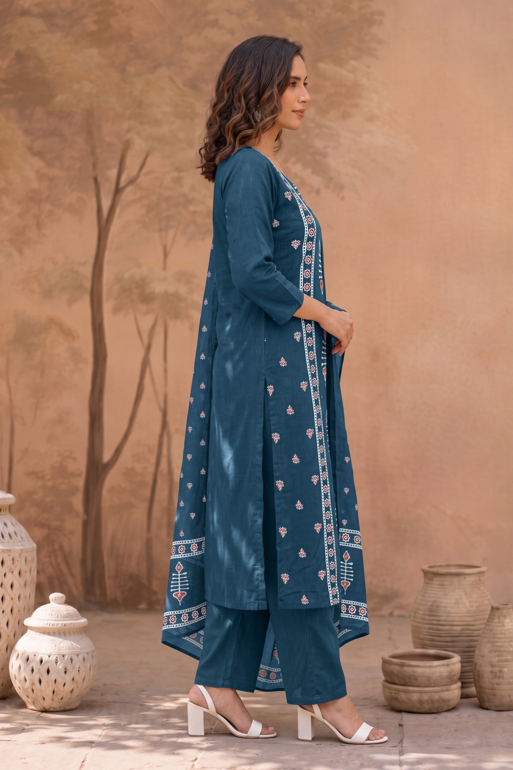 Elegant Ajrakh Block Print Kurta Set with Mirror & Thread Work
