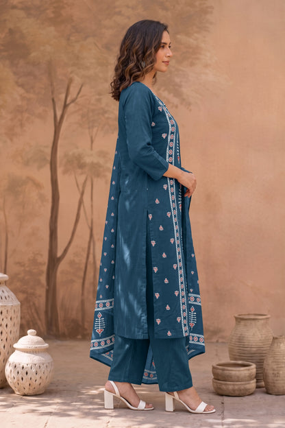 Elegant Ajrakh Block Print Kurta Set with Mirror & Thread Work