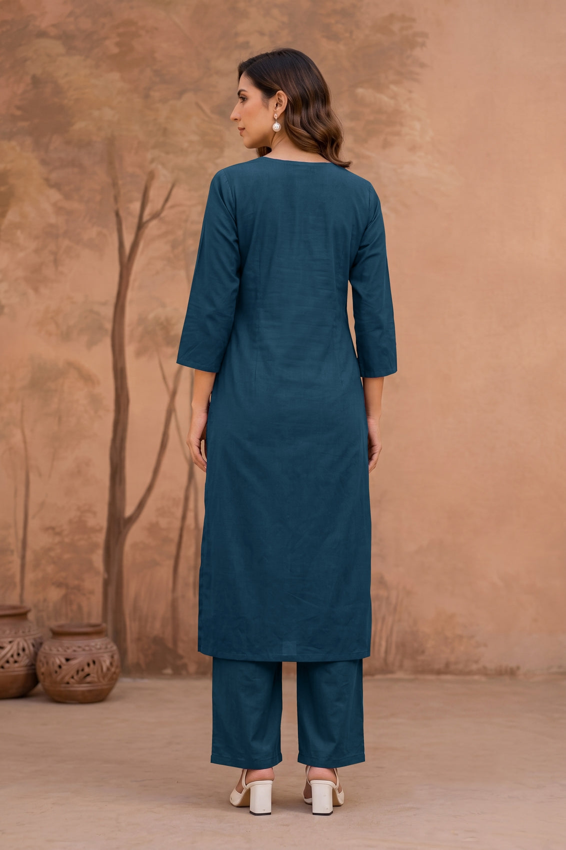 Elegant Ajrakh Block Print Kurta Set with Mirror & Thread Work