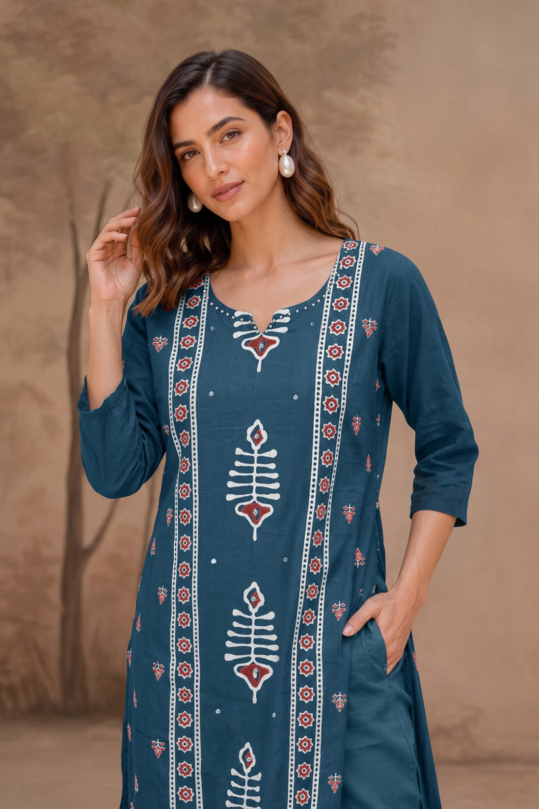 Elegant Ajrakh Block Print Kurta Set with Mirror & Thread Work