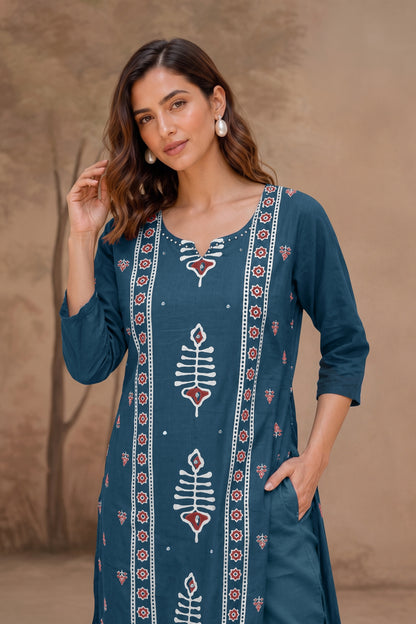 Elegant Ajrakh Block Print Kurta Set with Mirror & Thread Work