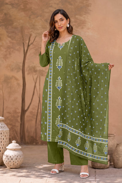 Elegant Ajrakh Block Print Kurta Set with Mirror & Thread Work