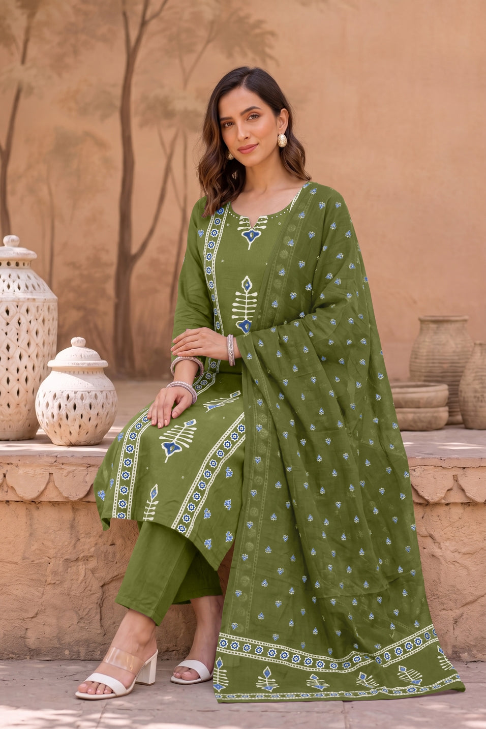 Elegant Ajrakh Block Print Kurta Set with Mirror & Thread Work