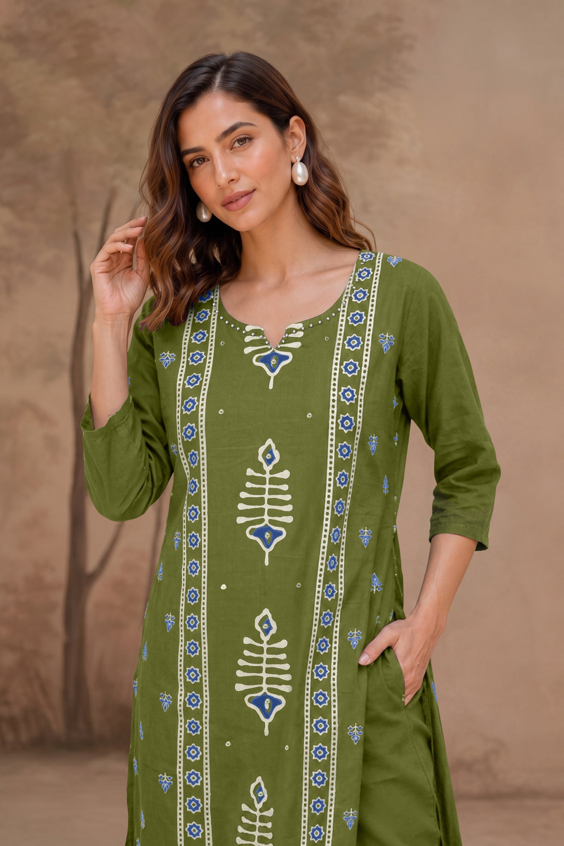Elegant Ajrakh Block Print Kurta Set with Mirror & Thread Work