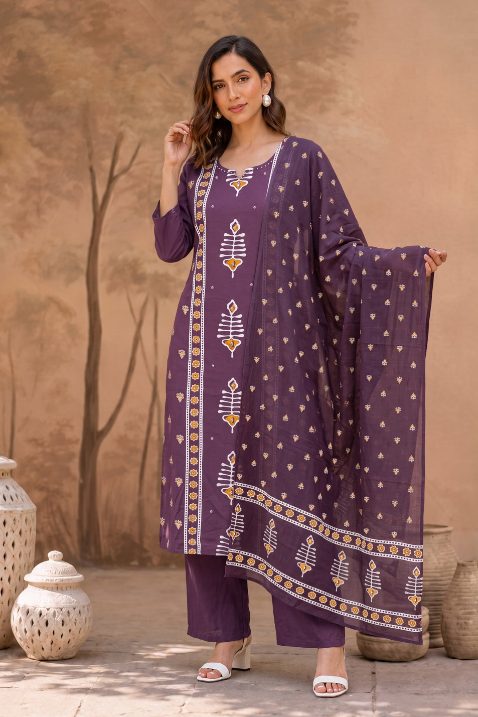 Elegant Ajrakh Block Print Kurta Set with Mirror & Thread Work