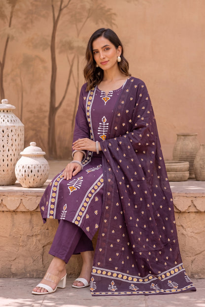 Elegant Ajrakh Block Print Kurta Set with Mirror & Thread Work