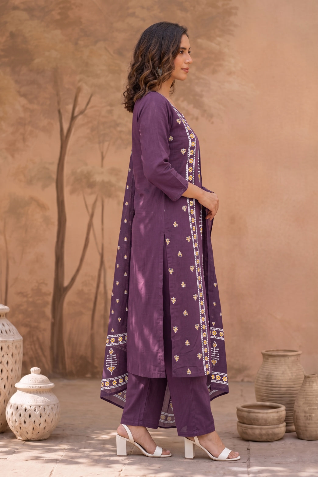 Elegant Ajrakh Block Print Kurta Set with Mirror & Thread Work
