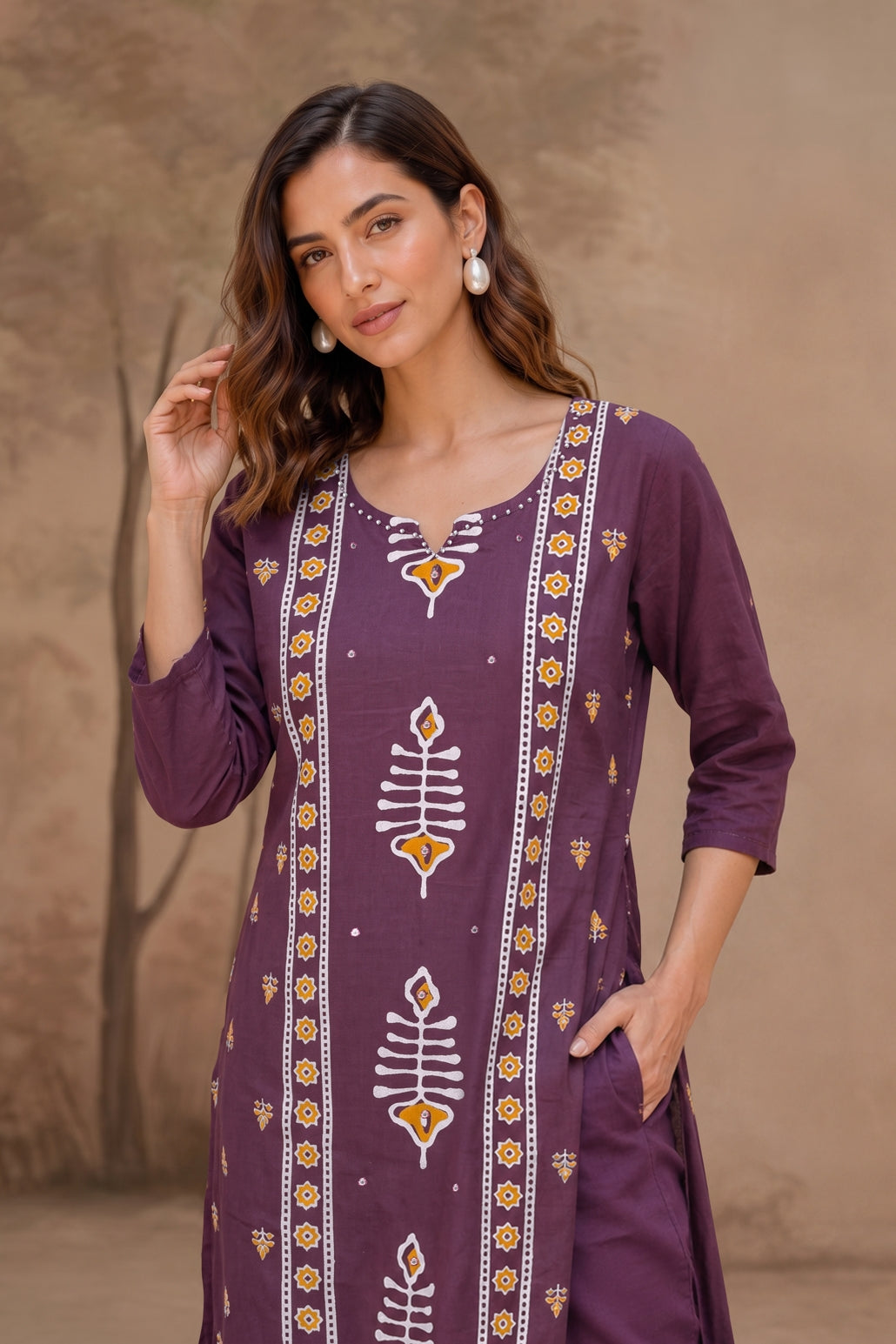 Elegant Ajrakh Block Print Kurta Set with Mirror & Thread Work