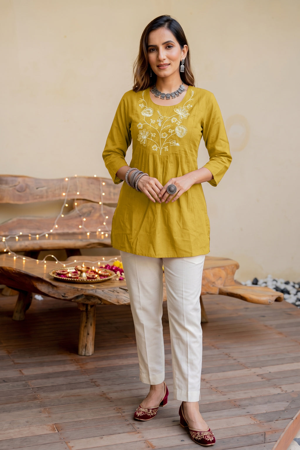 Elegant Pure Cotton Threadwork Empire Tunic Top