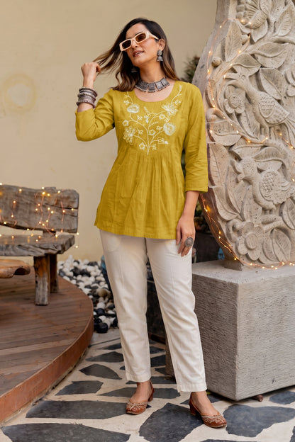 Elegant Pure Cotton Threadwork Empire Tunic Top