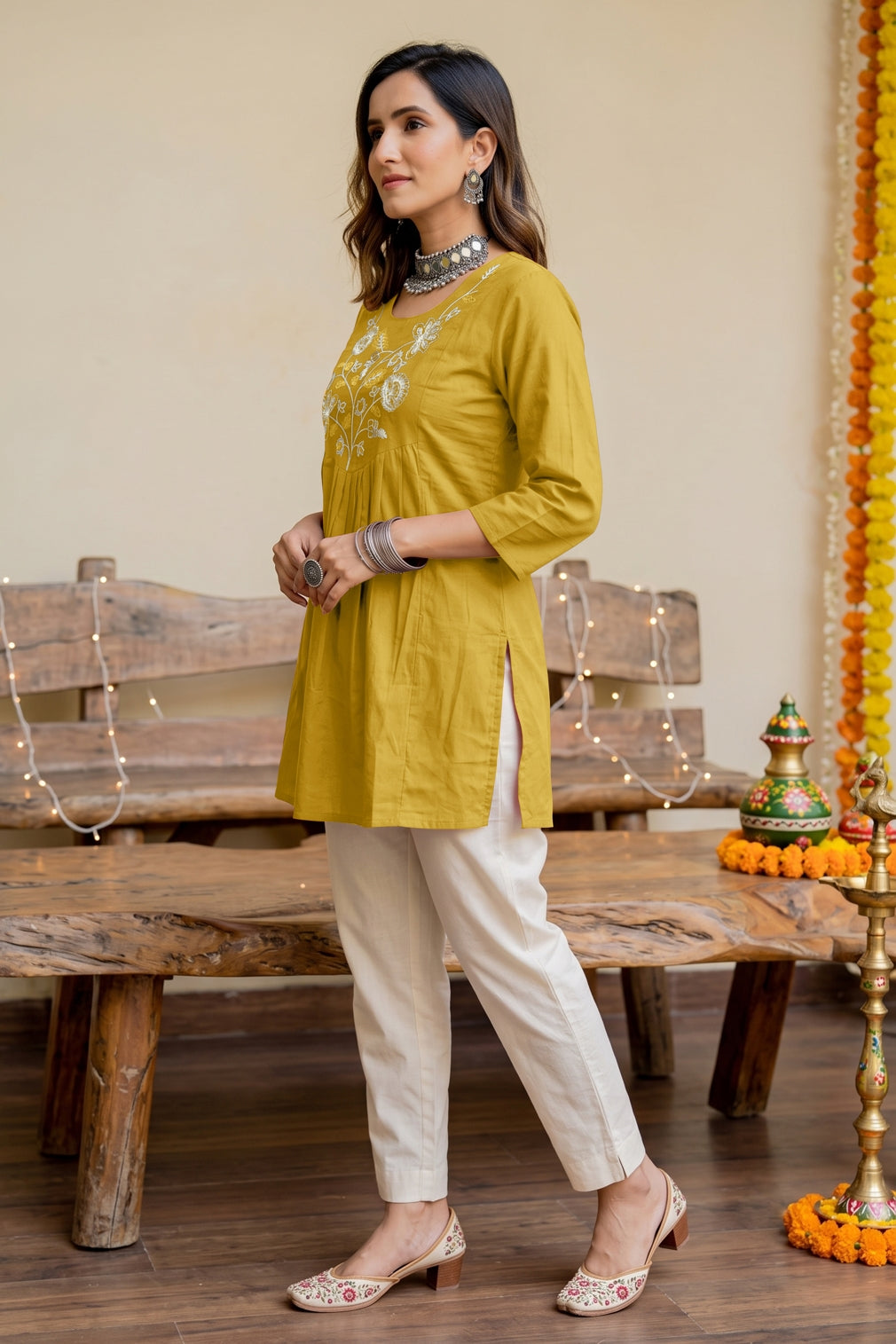 Elegant Pure Cotton Threadwork Empire Tunic Top