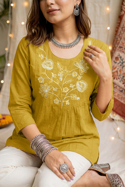 Elegant Pure Cotton Threadwork Empire Tunic Top