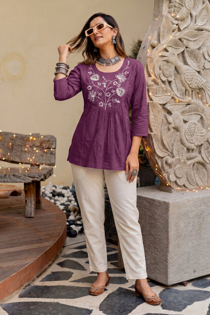 Elegant Pure Cotton Threadwork Empire Tunic Top