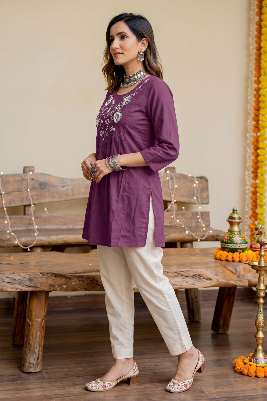 Elegant Pure Cotton Threadwork Empire Tunic Top
