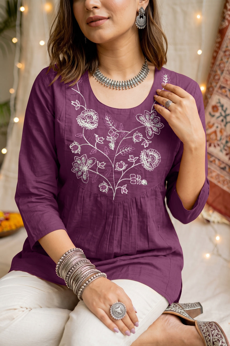 Elegant Pure Cotton Threadwork Empire Tunic Top