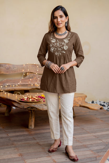 Elegant Pure Cotton Threadwork Empire Tunic Top
