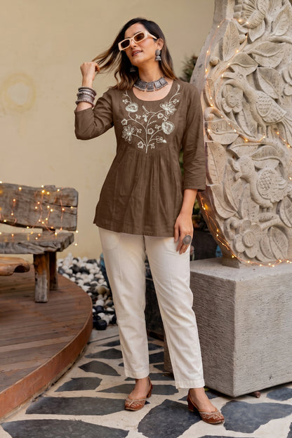 Elegant Pure Cotton Threadwork Empire Tunic Top