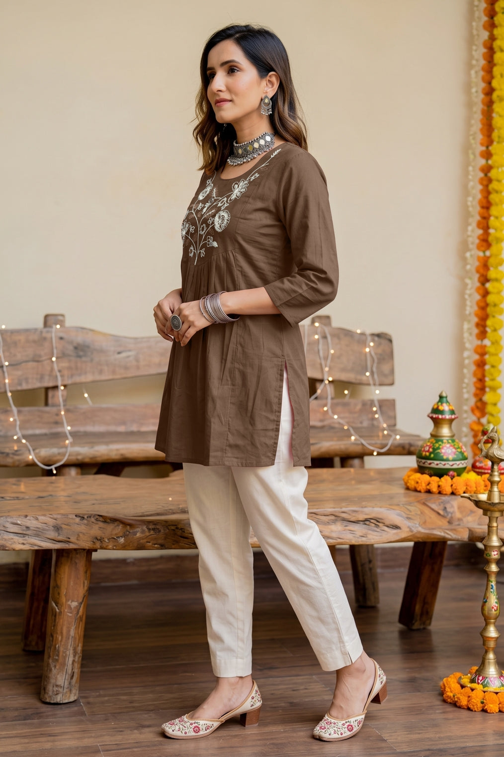 Elegant Pure Cotton Threadwork Empire Tunic Top