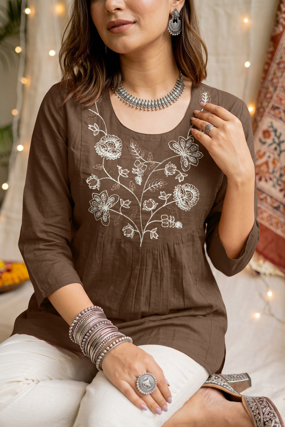 Elegant Pure Cotton Threadwork Empire Tunic Top