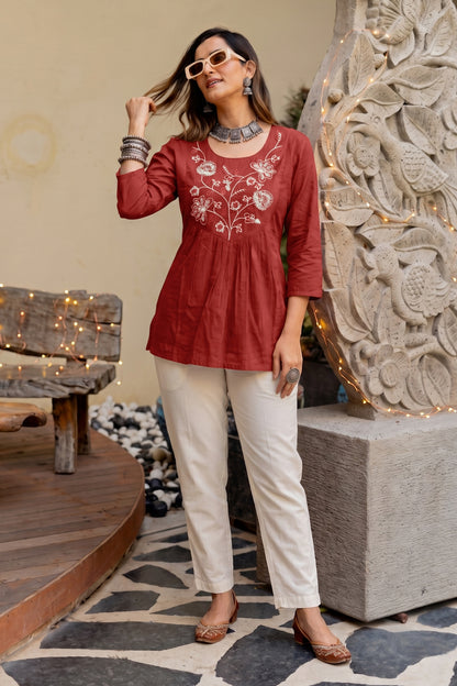 Elegant Pure Cotton Threadwork Empire Tunic Top