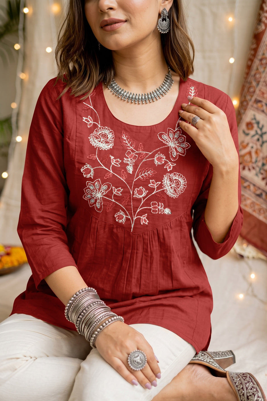 Elegant Pure Cotton Threadwork Empire Tunic Top