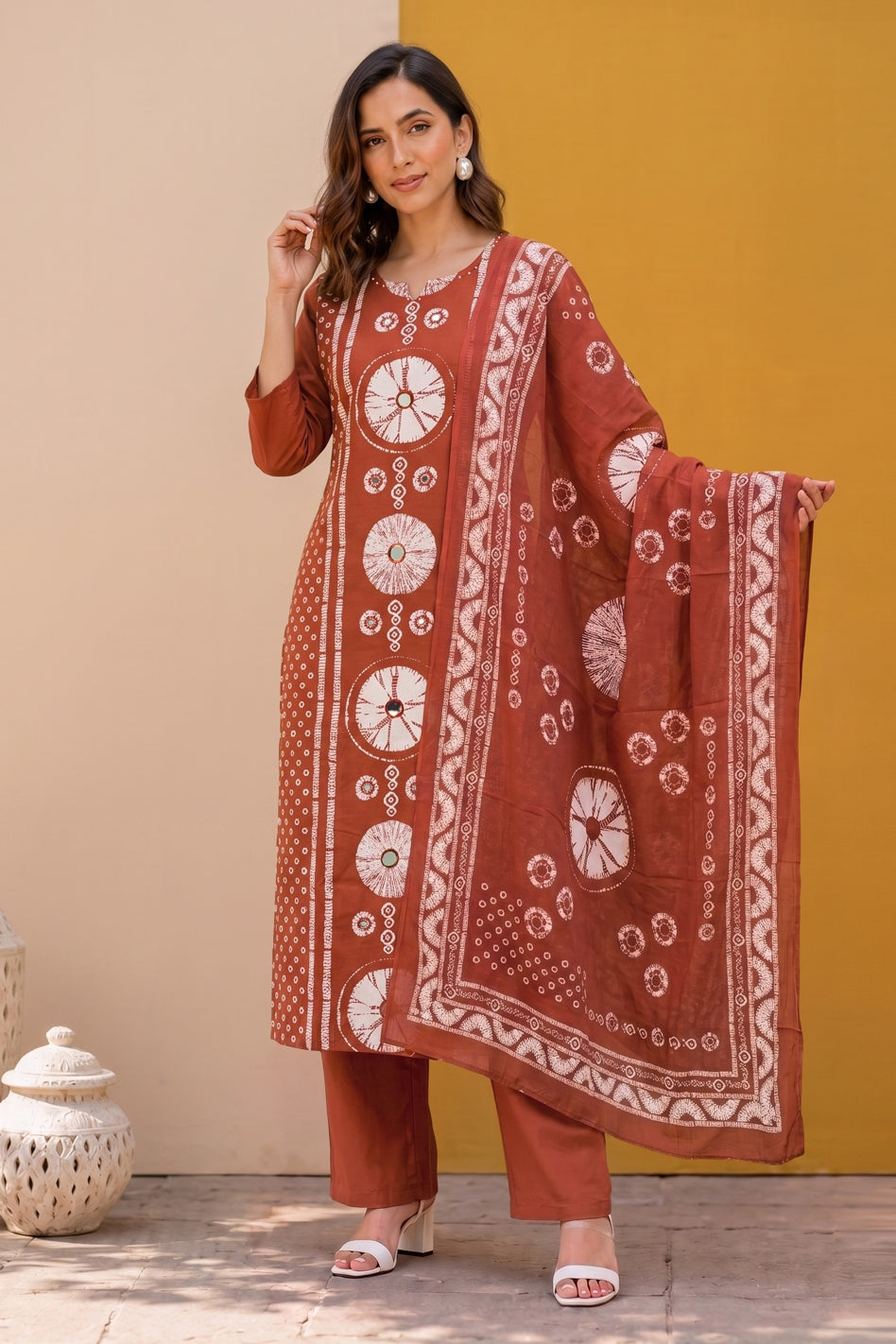 Traditional Tie & Dye Printed Kurta Set with Mirror Work